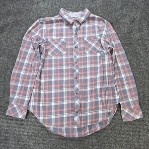 pd&c Flannel Button Down Shirt Women's Size L Blue Orange Plaid Long Sleeve